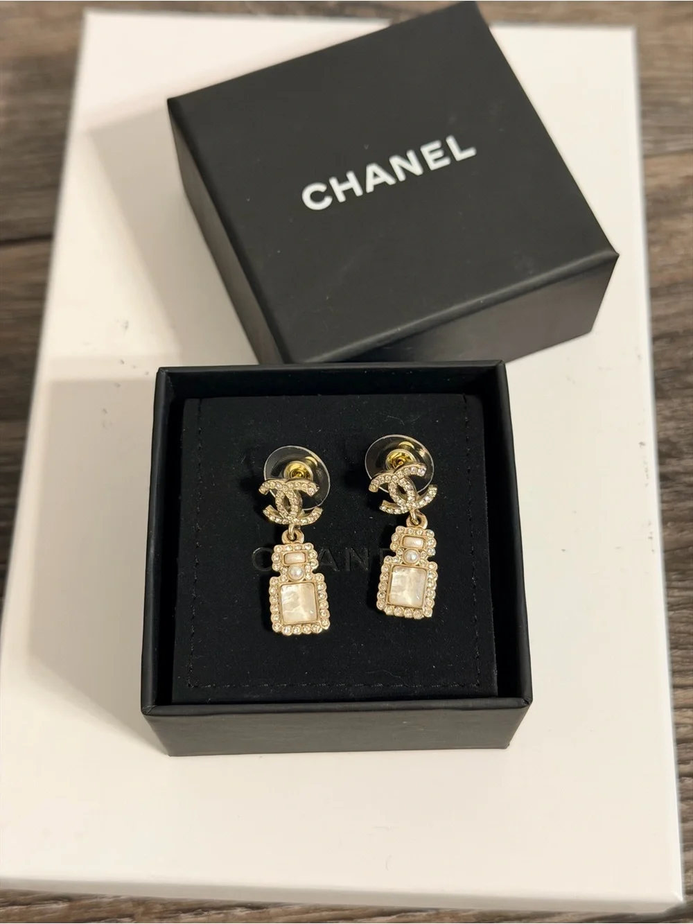 CHANEL Crystal CC Perfume Motif Dangle Earrings